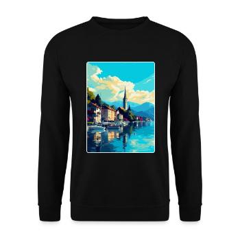 Bregenz Österreich Vintage Reiseplakat Souvenir WPA - Unisex Pullover - Schwarz - Vorne - Alina (178cm) & Michal (187cm)