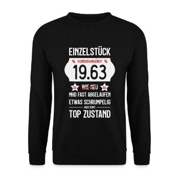 63. GEBURTSTAG 1963 EINZELSTÜCK PREISSCHILD - Unisex Pullover - Schwarz - Vorne - Alina (178cm) & Michal (187cm)
