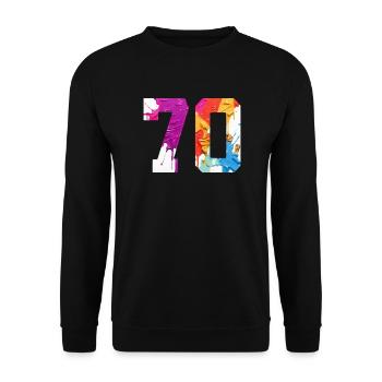 FARBIG NUMMER 70 BUNT 70. GEBURTSTAG - Unisex Pullover - Schwarz - Vorne - Alina (178cm) & Michal (187cm)