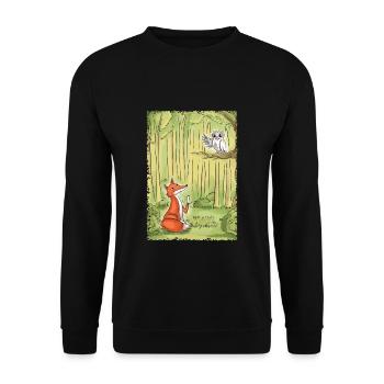 Waldgespräch: Fuchs und Eule - Unisex Pullover - Schwarz - Vorne - Alina (178cm) & Michal (187cm)