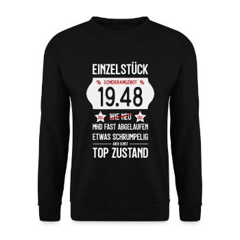 78. GEBURTSTAG 1948 EINZELSTÜCK PREISSCHILD - Unisex Pullover - Schwarz - Vorne - Alina (178cm) & Michal (187cm)