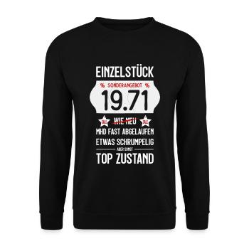 55. GEBURTSTAG 1971 EINZELSTÜCK PREISSCHILD - Unisex Pullover - Schwarz - Vorne - Alina (178cm) & Michal (187cm)