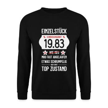 43. GEBURTSTAG 1983 EINZELSTÜCK PREISSCHILD - Unisex Pullover - Schwarz - Vorne - Alina (178cm) & Michal (187cm)
