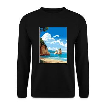 Cathedral Cove Neuseeland Vintage Reiseposter - Unisex Pullover - Schwarz - Vorne - Alina (178cm) & Michal (187cm)