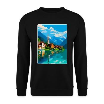 Hallstatt Österreich Vintage Reiseplakat Souvenir - Unisex Pullover - Schwarz - Vorne - Alina (178cm) & Michal (187cm)