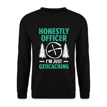 Ehrlich Officer ich bin nur Geocaching Geocache - Unisex Pullover - Schwarz - Vorne - Alina (178cm) & Michal (187cm)