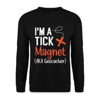 Ich bin ein Zeckenmagnet AKA Geocacher Geocaching - Unisex Pullover - Schwarz - Vorne - Alina (178cm) & Michal (187cm)