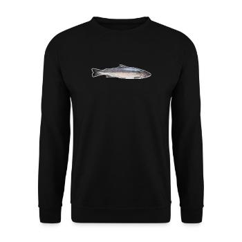 Lachs (Salmo salar) mit weißem Rand - Unisex Pullover - Schwarz - Vorne - Alina (178cm) & Michal (187cm)