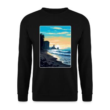 Schwarzer Sandstrand Island Vintage Reiseposter WPA - Unisex Pullover - Schwarz - Vorne - Alina (178cm) & Michal (187cm)