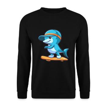 Lustiger Delfin Kawaii Cartoon spielt Skateboard - Unisex Pullover - Schwarz - Vorne - Alina (178cm) & Michal (187cm)