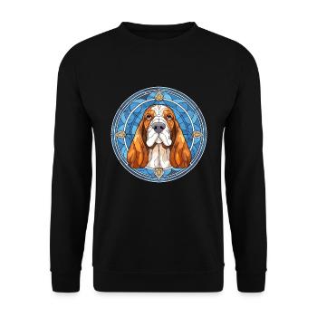 Basset Bleu de Gascogne Hunderasse Buntglas Co - Unisex Pullover - Schwarz - Vorne - Alina (178cm) & Michal (187cm)
