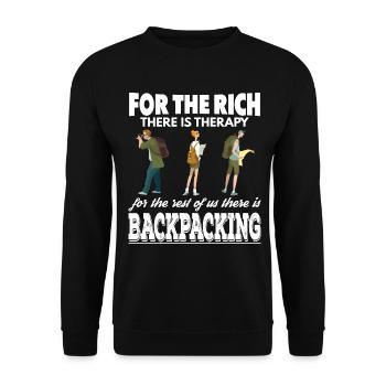 Reiche haben Therapie Wir sind Backpacker - Unisex Pullover - Schwarz - Vorne - Alina (178cm) & Michal (187cm)