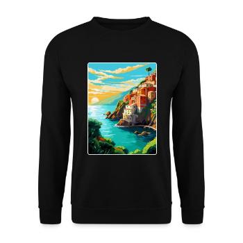 Cinque Terre Italien Vintage Reiseplakat Souvenir - Unisex Pullover - Schwarz - Vorne - Alina (178cm) & Michal (187cm)