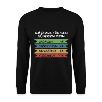 Ich spare für den Führerschein - Unisex Pullover - Schwarz - Vorne - Alina (178cm) & Michal (187cm)