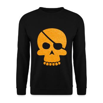 Oranger Schädel mit Augenklappe - Unisex Pullover - Schwarz - Vorne - Alina (178cm) & Michal (187cm)