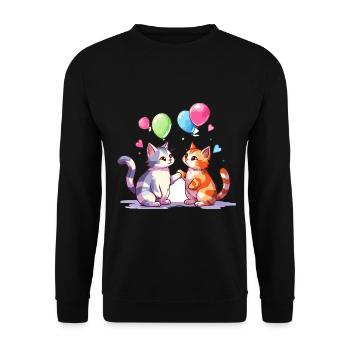 Katzen Kawaii Cartoon Haustier spielt mit Luftballons - Unisex Pullover - Schwarz - Vorne - Alina (178cm) & Michal (187cm)