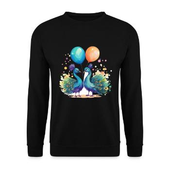 Pfauen Kawaii Cartoon Haustier spielt mit Luftballons - Unisex Pullover - Schwarz - Vorne - Alina (178cm) & Michal (187cm)