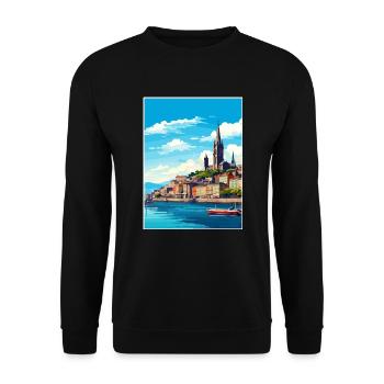 Santiago De Compostela Spanien Vintage Reiseposter - Unisex Pullover - Schwarz - Vorne - Alina (178cm) & Michal (187cm)