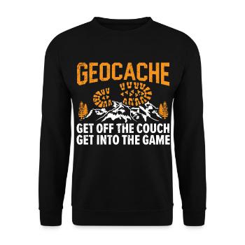 Geocache Runter von der Couch, rein ins Spiel - Unisex Pullover - Schwarz - Vorne - Alina (178cm) & Michal (187cm)
