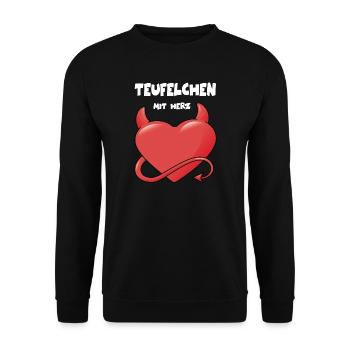 Teufelchen mit Herz lustiges Motiv Geschenk - Unisex Pullover - Schwarz - Vorne - Alina (178cm) & Michal (187cm)