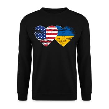 USA Ukraine Flagge Herz used - Unisex Pullover - Schwarz - Vorne - Alina (178cm) & Michal (187cm)