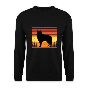 Alaskan Malamute Hundeliebhaber Silhouette Retro Sonnenuntergang - Unisex Pullover - Schwarz - Vorne - Alina (178cm) & Michal (187cm)