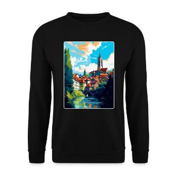 Fribourg Schweiz Vintage Reiseposter WPA Art - Unisex Pullover - Schwarz - Vorne - Alina (178cm) & Michal (187cm)