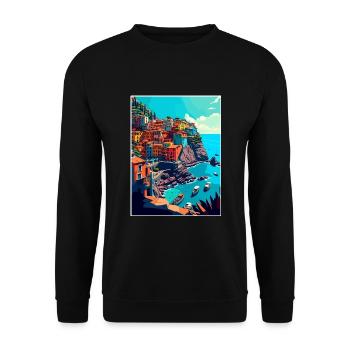 Cinque Terre Italien Dekoration Patmos Reiseposter - Unisex Pullover - Schwarz - Vorne - Alina (178cm) & Michal (187cm)