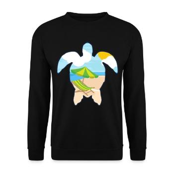 Schildkröte mit Strandszene - Urlaubsmotiv - Unisex Pullover - Schwarz - Vorne - Alina (178cm) & Michal (187cm)
