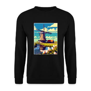 Kinderdijk Niederlande Vintage Reiseposter WPA - Unisex Pullover - Schwarz - Vorne - Alina (178cm) & Michal (187cm)