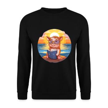 Schwein Niedlich Lustige Karikatur Kawaii Buch Strand - Unisex Pullover - Schwarz - Vorne - Alina (178cm) & Michal (187cm)