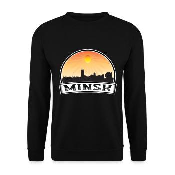 Minsk Weißrussland Skyline Vintage Sonnenuntergang Reise Souven - Unisex Pullover - Schwarz - Vorne - Alina (178cm) & Michal (187cm)