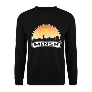 Minsk Weißrussland Skyline Vintage Sonnenuntergang Reise Souven - Unisex Pullover - Schwarz - Vorne - Alina (178cm) & Michal (187cm)