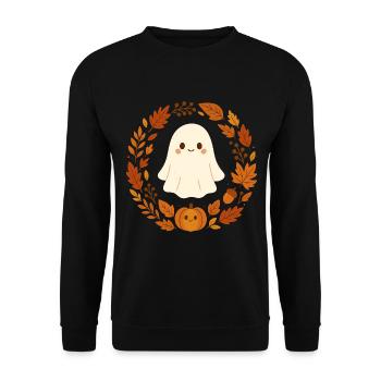Cute Ghost im Herbstkranz – Cozy Halloween Design - Unisex Pullover - Schwarz - Vorne - Alina (178cm) & Michal (187cm)