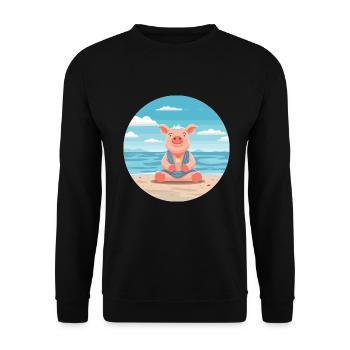 Schwein-Karikatur-Yoga-Strand-Sommer-Illustration - Unisex Pullover - Schwarz - Vorne - Alina (178cm) & Michal (187cm)