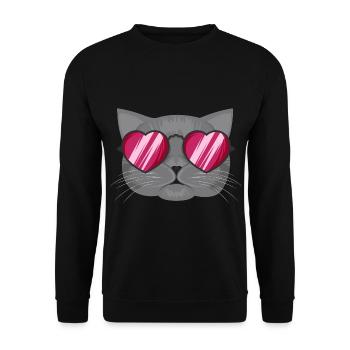 Graue Katze mit pinker Herzbrille - ohne Text - Unisex Pullover - Schwarz - Vorne - Alina (178cm) & Michal (187cm)
