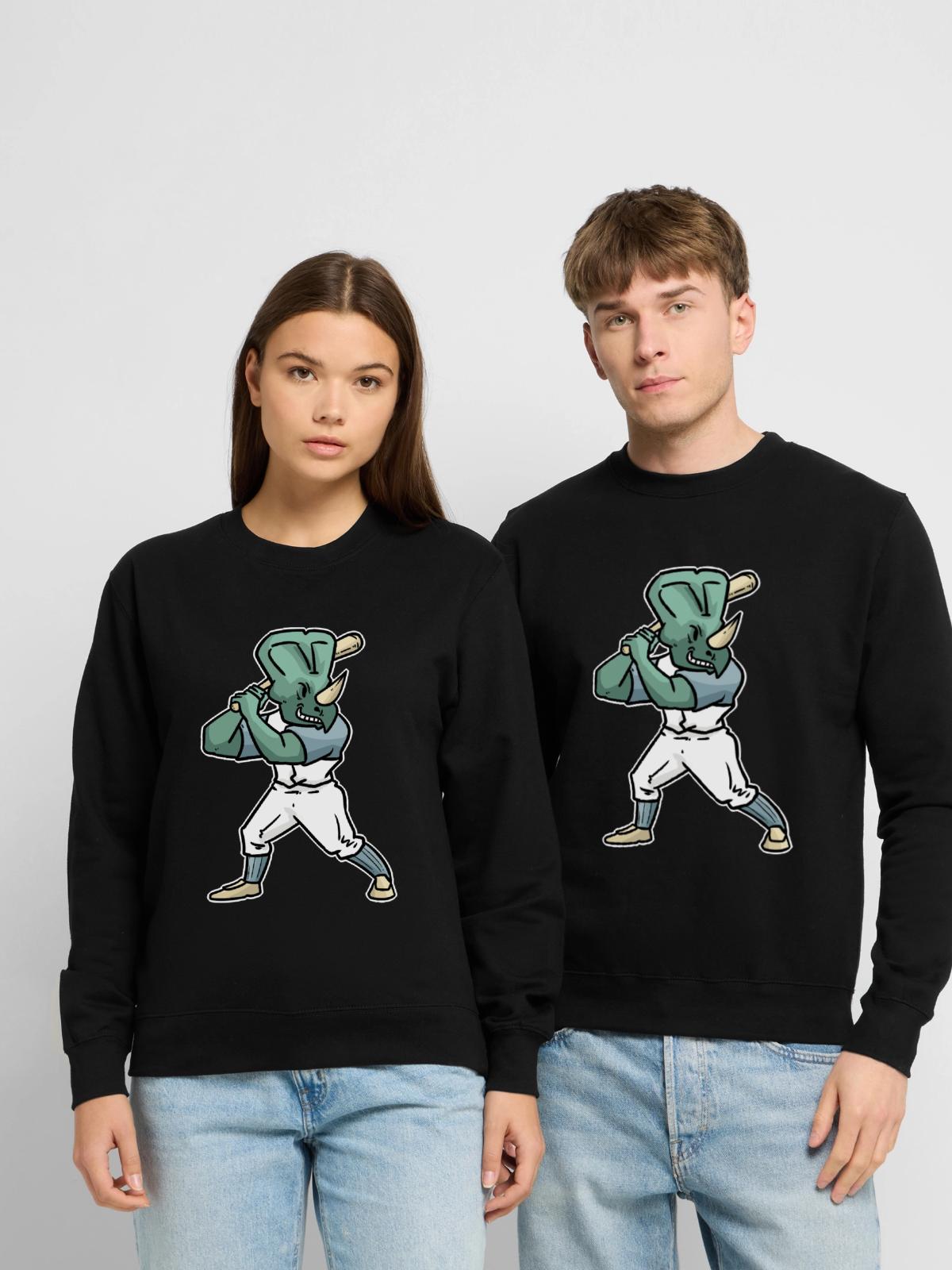 Schlagfertiger Triceratops Baseball - Unisex Pullover - Schwarz - Vorne - Alina (178cm) & Michal (187cm)