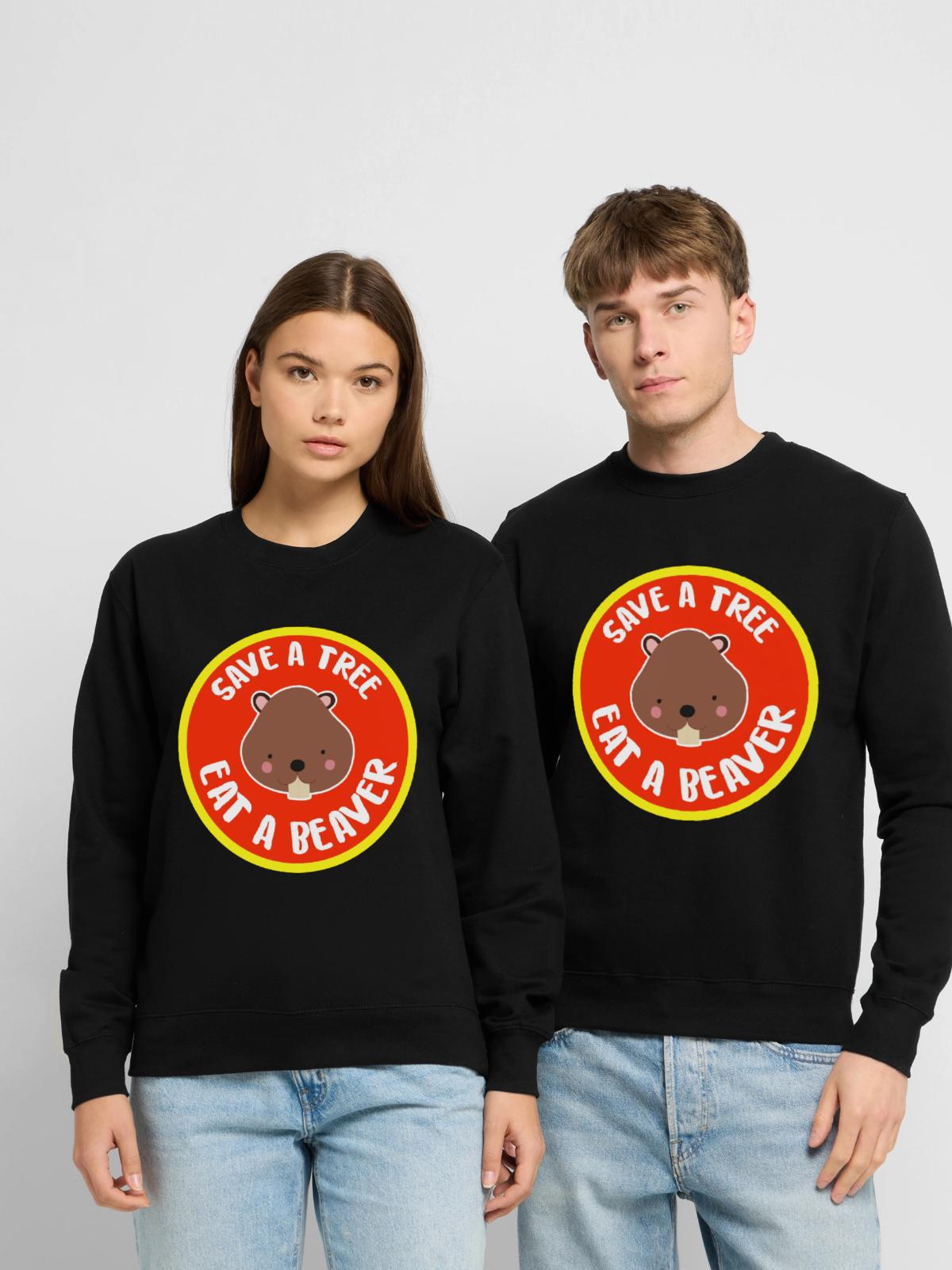 Schadenfroher Biber Grillabend - Unisex Pullover - Schwarz - Vorne - Alina (178cm) & Michal (187cm)