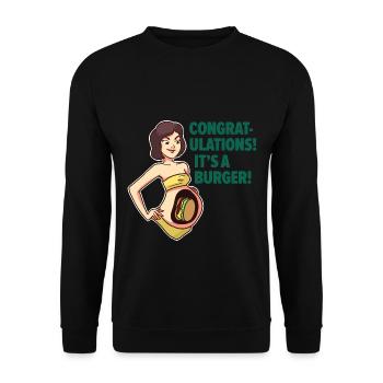 Kugelrunder Cheeseburger Babybauch - Unisex Pullover - Schwarz - Vorne - Alina (178cm) & Michal (187cm)