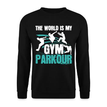 Die Welt ist mein Fitnessstudio Parkour Freies Lau - Unisex Pullover - Schwarz - Vorne - Alina (178cm) & Michal (187cm)