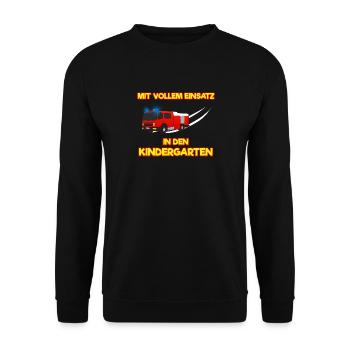 Mit Vollem Einsatz In Den Kindergarten Feuerwehr K - Unisex Pullover - Schwarz - Vorne - Alina (178cm) & Michal (187cm)