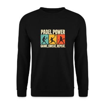 Padel-Power – Spiel, Schweiß, Wiederholung | Lustiger Retro-Pa - Unisex Pullover - Schwarz - Vorne - Alina (178cm) & Michal (187cm)