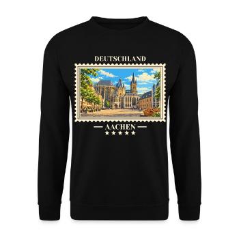 Deutschland Aachen Vintage Reisemarke - Unisex Pullover - Schwarz - Vorne - Alina (178cm) & Michal (187cm)