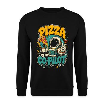 Pizza Is My Co-Pilot – Astronaut mit Pizzastück - Unisex Pullover - Schwarz - Vorne - Alina (178cm) & Michal (187cm)