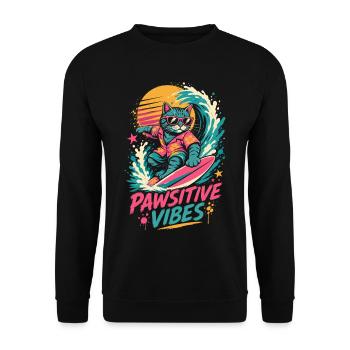 Surfende Katze – Pawsitive Vibes - Unisex Pullover - Schwarz - Vorne - Alina (178cm) & Michal (187cm)