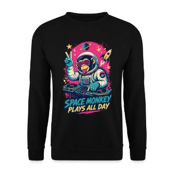Affen-DJ im Weltraum – Space Monkey Plays All Day - Unisex Pullover - Schwarz - Vorne - Alina (178cm) & Michal (187cm)