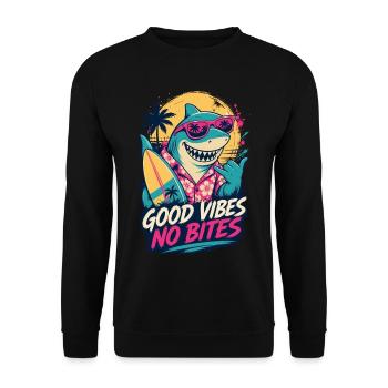 Hai mit Surfbrett – Good Vibes No Bites - Unisex Pullover - Schwarz - Vorne - Alina (178cm) & Michal (187cm)