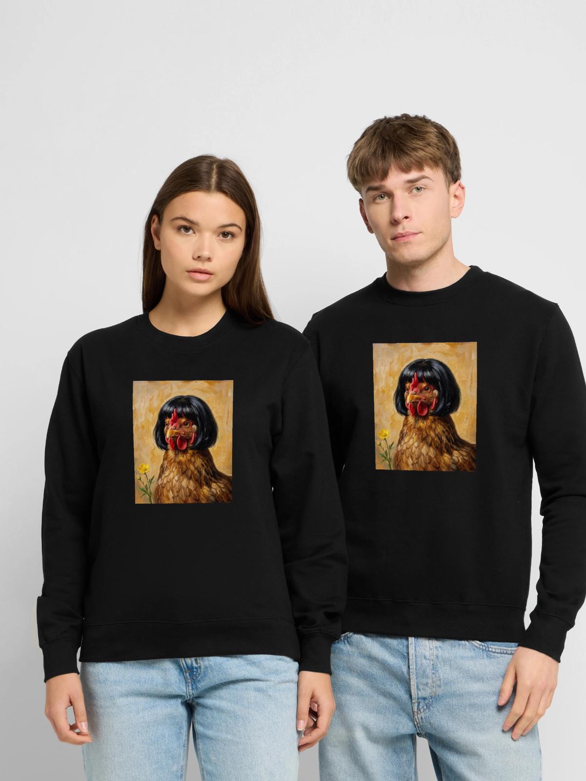 Lustiges Huhn Bob Haarschnitt - Unisex Pullover - Schwarz - Vorne - Alina (178cm) & Michal (187cm)