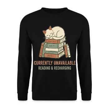 Schlafende Katze auf Bücherturm - Unisex Pullover - Schwarz - Vorne - Alina (178cm) & Michal (187cm)