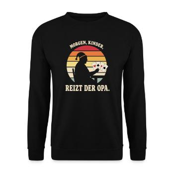 Morgen Kinder reizt der Opa – Skat Opa Geschenk - Unisex Pullover - Schwarz - Vorne - Alina (178cm) & Michal (187cm)